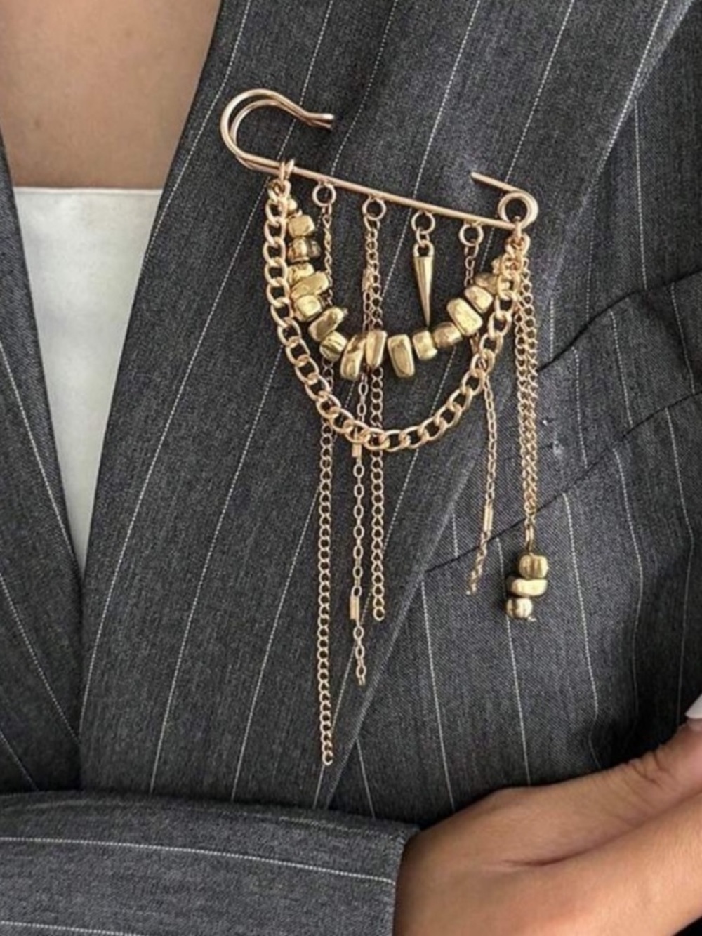 Anthropologie Gold Safety-Pin Style Brooch with Chains